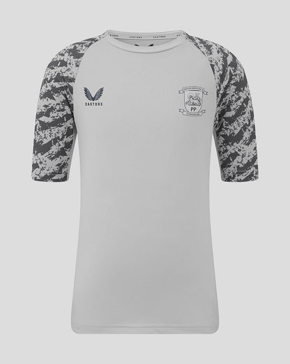 Front view of Preston North End junior training T shirt in light grey with camo sleeves and club crest on chest