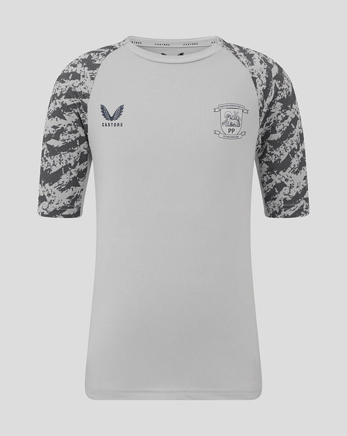 Front view of Preston North End junior training T shirt in light grey with camo sleeves and club crest on chest