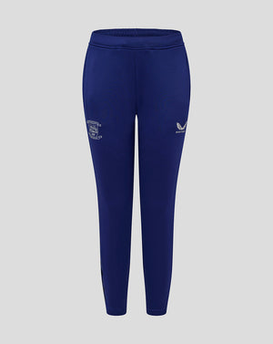 Blue Preston junior training pants with pockets, crest on left thigh and Castore logo on right thigh.
