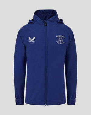 Front view of blue Preston North End junior training packable hood shower jacket with club crest and Castore logo
