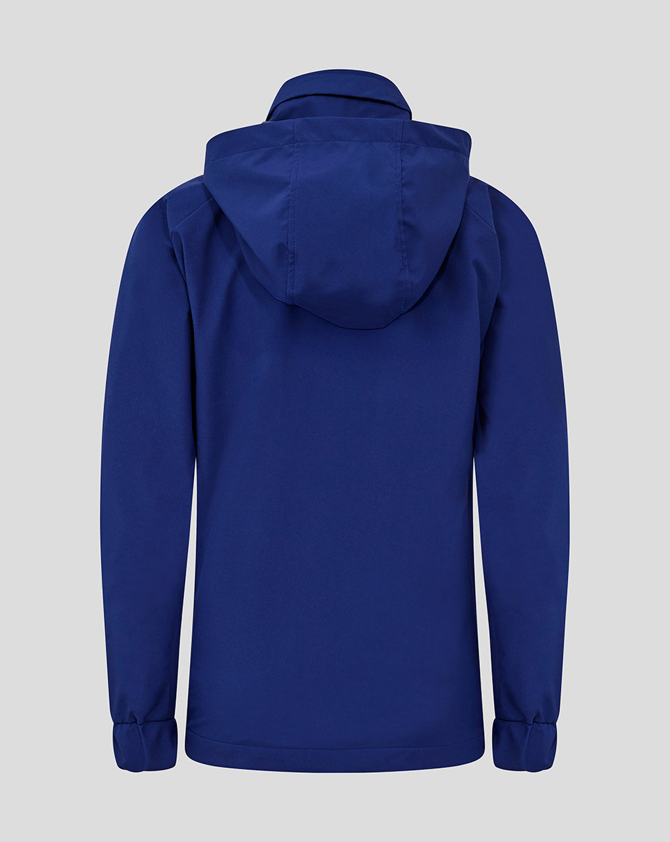 Back view of blue hooded training jacket