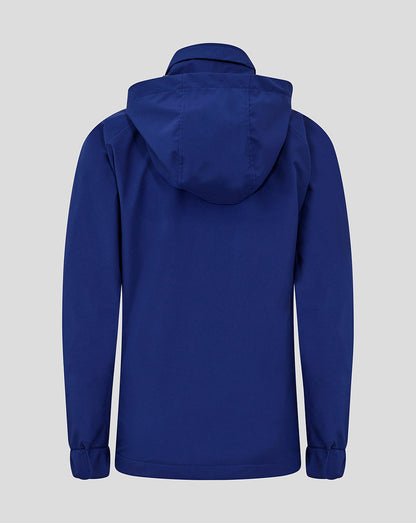 Back view of blue hooded training jacket