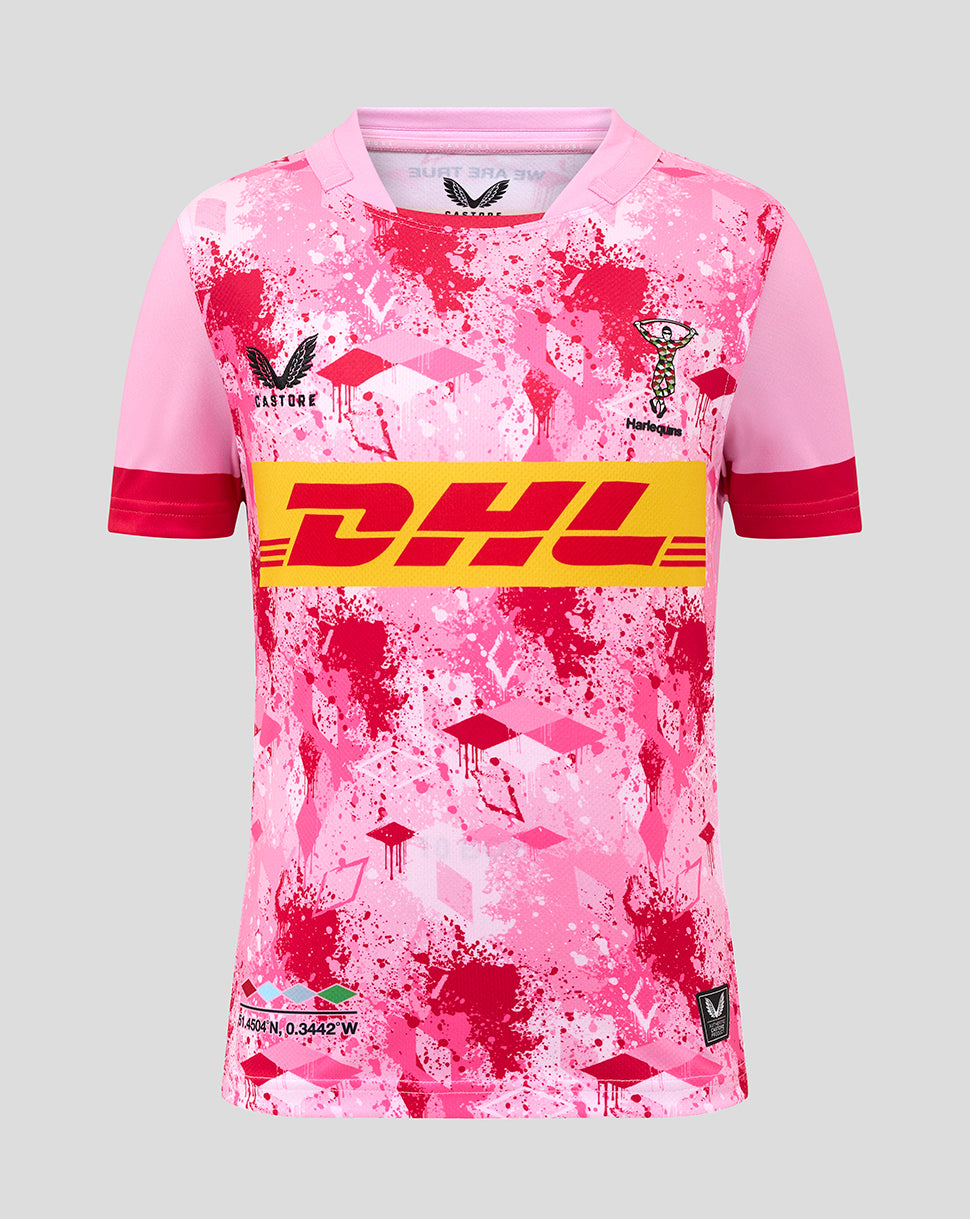 Front view of Harlequins Junior 25/26 Away Replica Shirt in pink with a bold DHL logo across the chest.