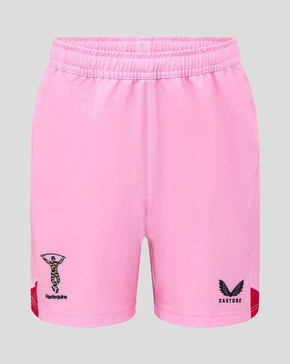 Pink Harlequins junior away replica shorts with elasticated waistband, featuring Harlequins crest on the left and Castore logo on the right.