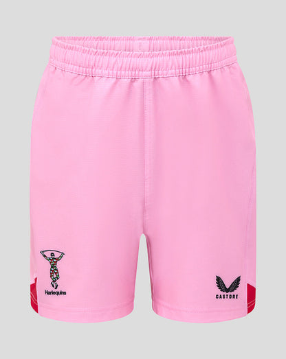 Pink Harlequins junior away replica shorts with elasticated waistband, featuring Harlequins crest on the left and Castore logo on the right.