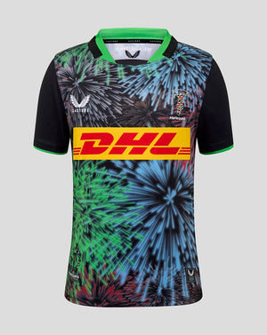 Front view of Harlequins Juniors Big Game Replica Shirt with fireworks print, green collar, and DHL sponsor across chest