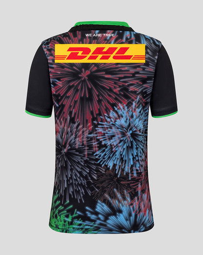Back view of Harlequins Juniors 25/26 Big Game Replica Shirt with a vibrant fireworks print and the DHL logo across the back.