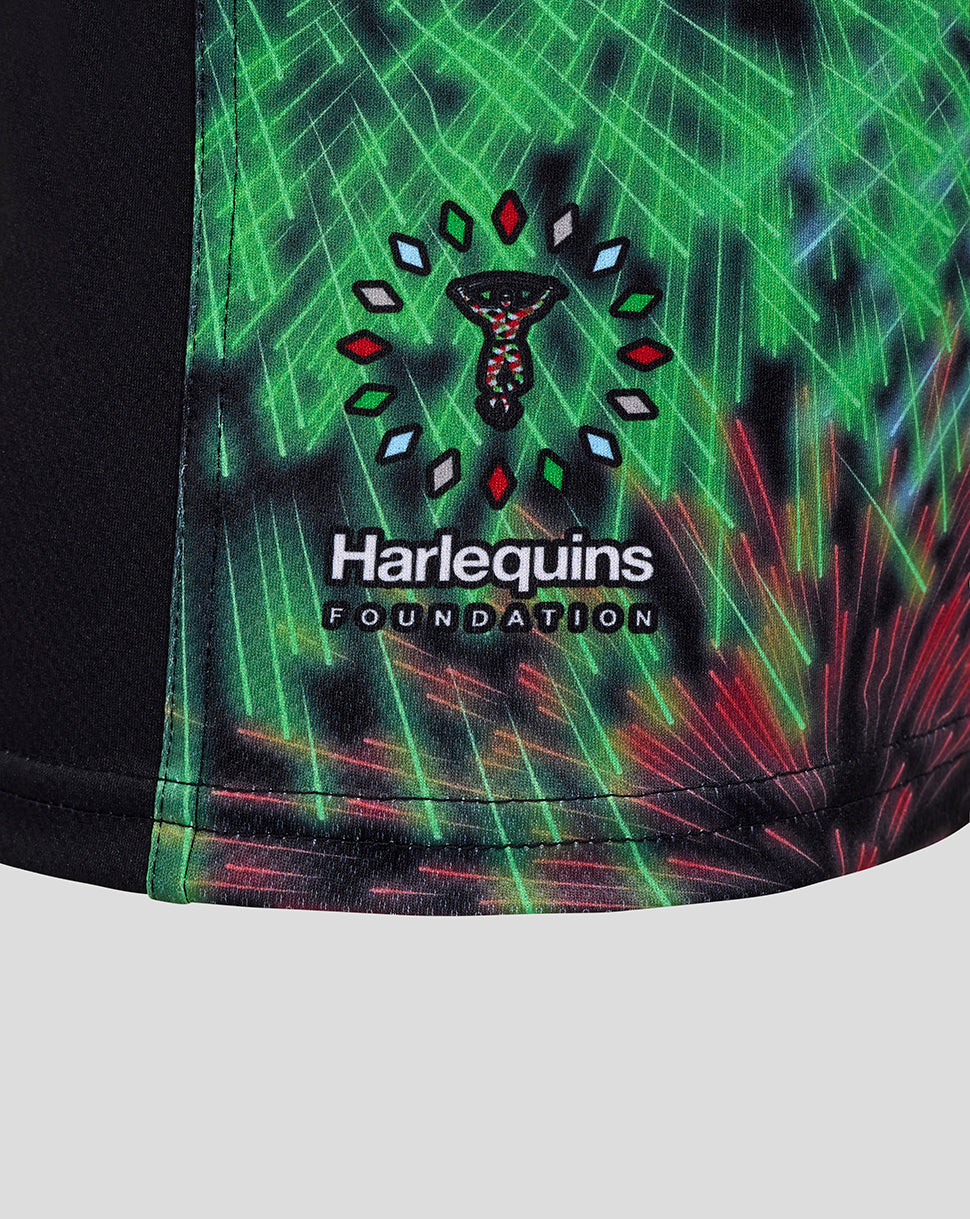 Green printed panel with Harlequins Foundation emblem on the lower front of the shirt.