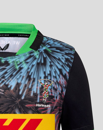 Harlequins juniors Big Game Replica shirt with neon green collar and blue fireworks print and crest on the chest.