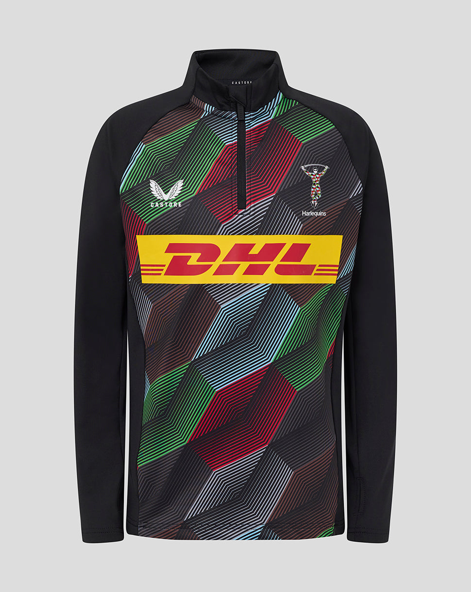 Harlequins junior matchday quarter zip top with a bold multicolor geometric front and black sleeves.