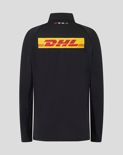 Back view of black Harlequins midlayer top with a bold yellow DHL logo across the back.