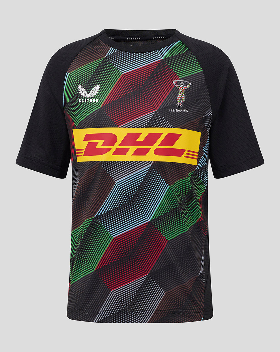 Front view of Harlequins 25/26 Matchday Short Sleeve Tee with a multicolor geometric pattern and DHL logo.