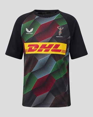 Front view of Harlequins 25/26 Matchday Short Sleeve Tee with a multicolor geometric pattern and DHL logo.
