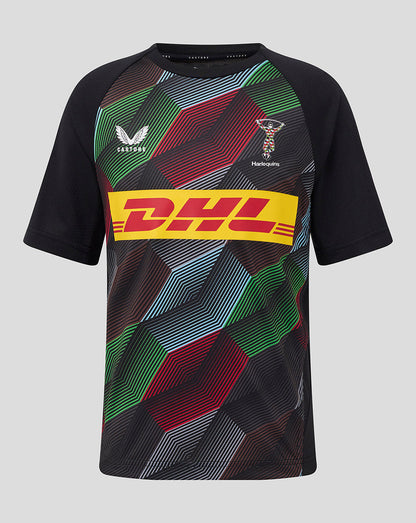 Front view of Harlequins 25/26 Matchday Short Sleeve Tee with a multicolor geometric pattern and DHL logo.