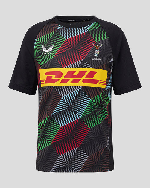 Front view of Harlequins 25/26 Matchday Short Sleeve Tee with a multicolor geometric pattern and DHL logo.