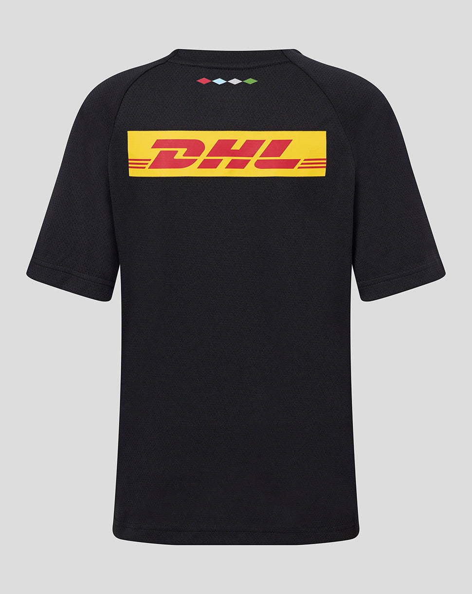 Back view of the Harlequins junior matchday tee with a yellow DHL sponsor graphic across the upper back