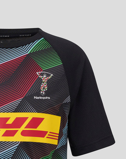 Harlequins junior matchday tee front close-up with colorful geometric panels, club crest, and bold DHL logo