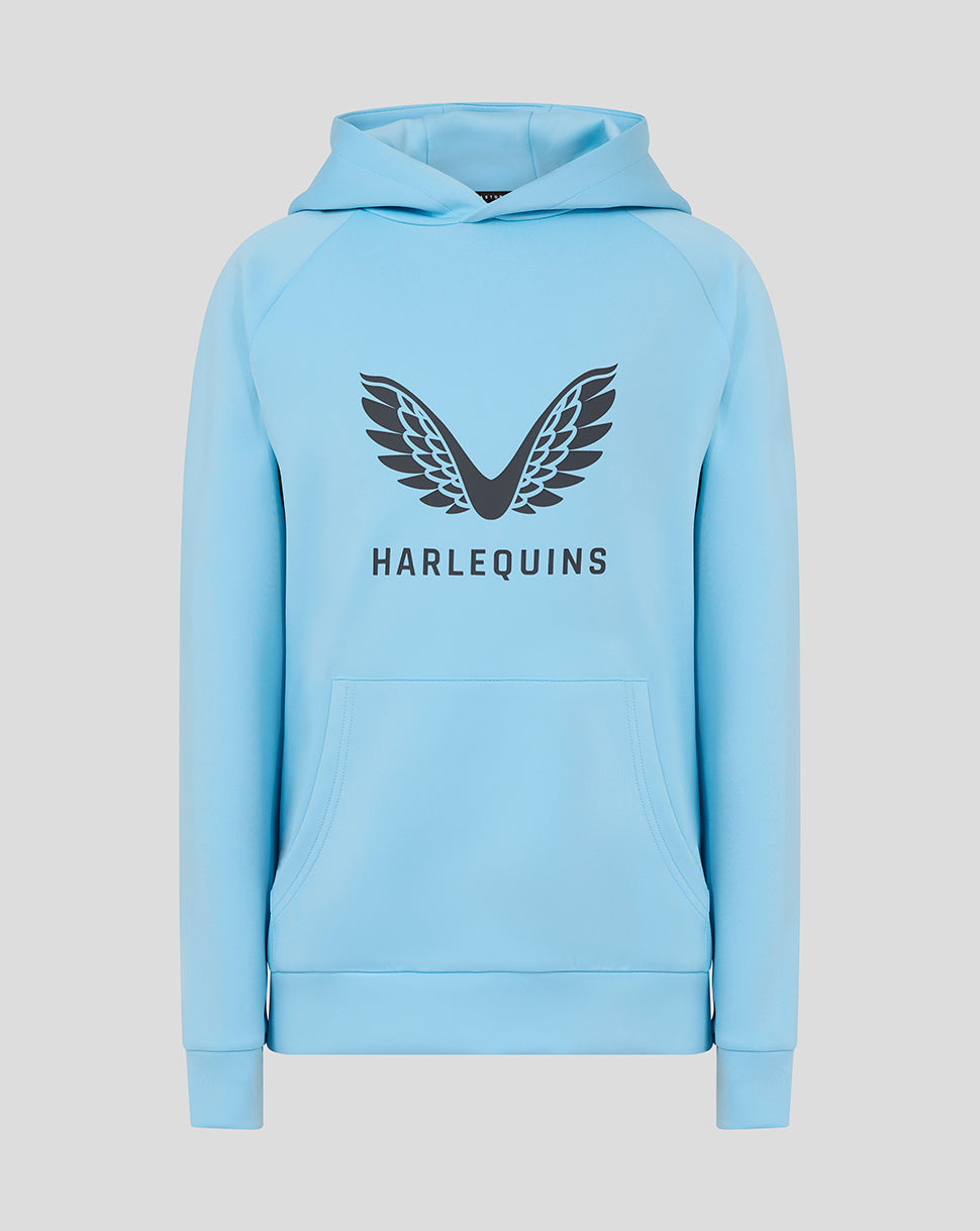 Front view of light blue Harlequins juniors presentation scuba hoodie with wing logo
