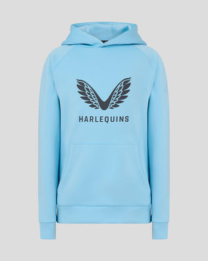 Front view of light blue Harlequins juniors presentation scuba hoodie with wing logo