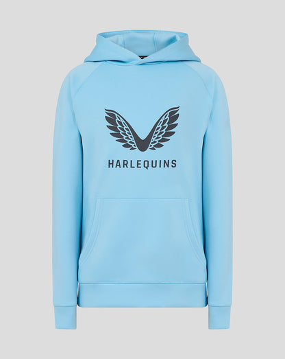 Front view of light blue Harlequins juniors presentation scuba hoodie with wing logo