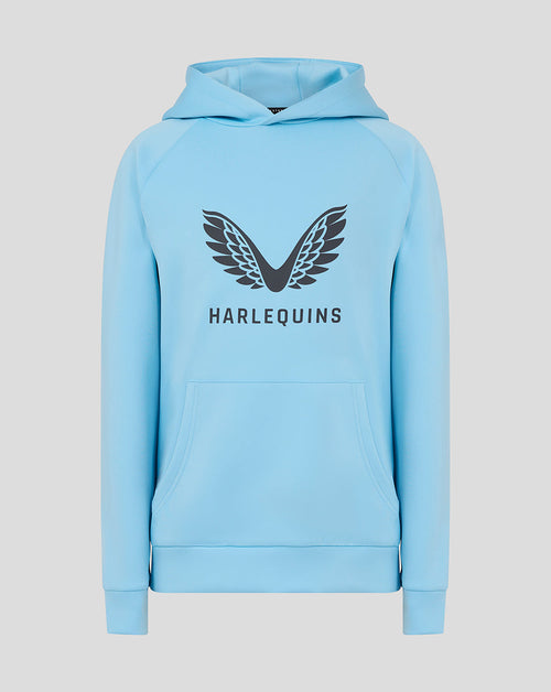 Front view of light blue Harlequins juniors presentation scuba hoodie with wing logo