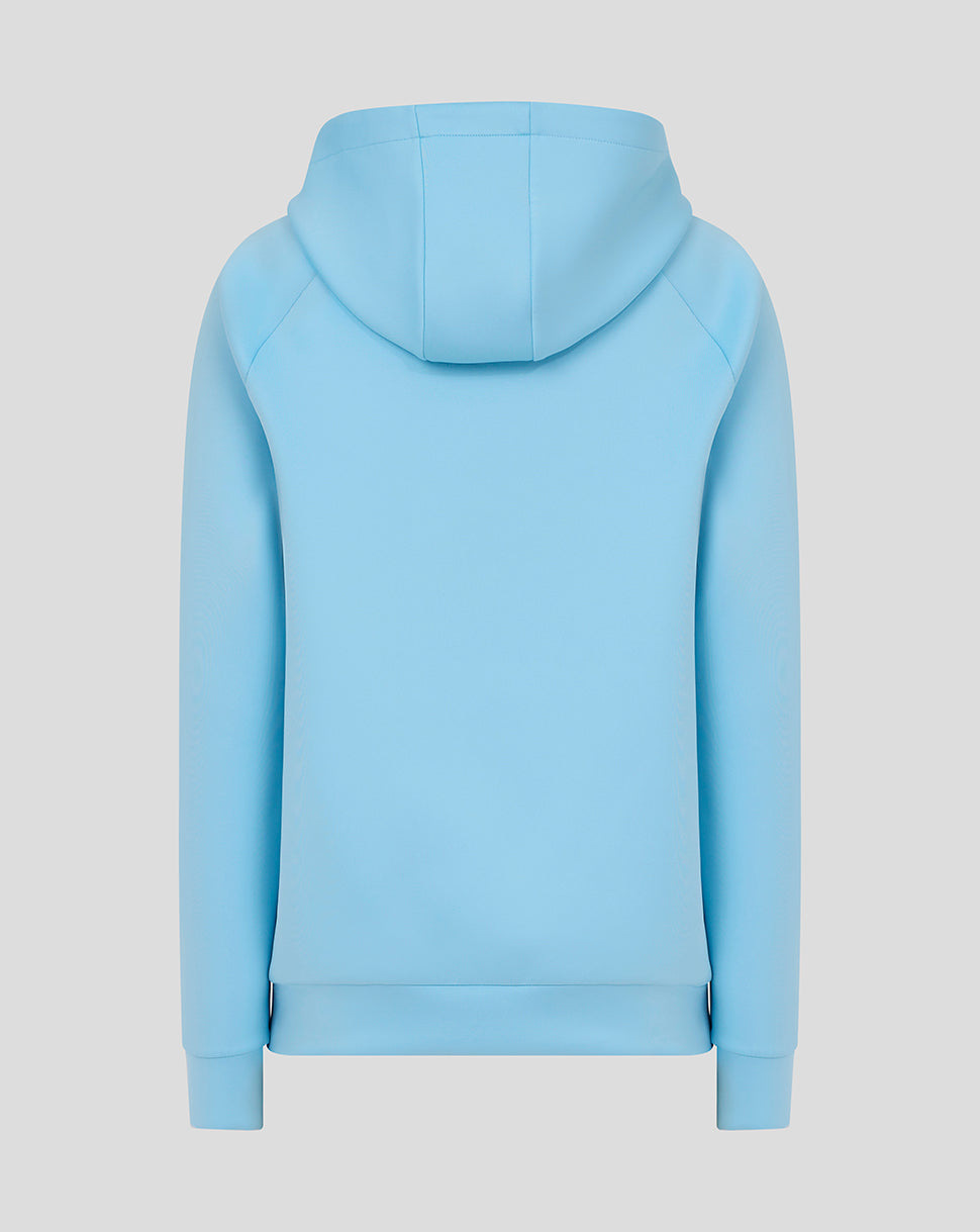 Back view of light blue Harlequins presentation hoodie with hood down
