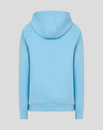 Back view of light blue Harlequins presentation hoodie with hood down
