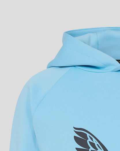 Close up of light blue Harlequins hoodie showing hood and shoulder seam