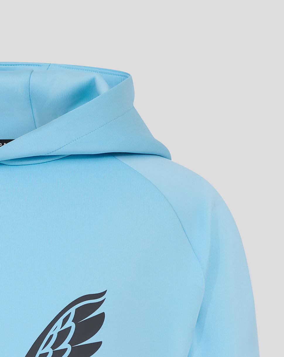 Close-up of light blue Harlequins juniors presentation scuba hoodie showing hood and shoulder fabric