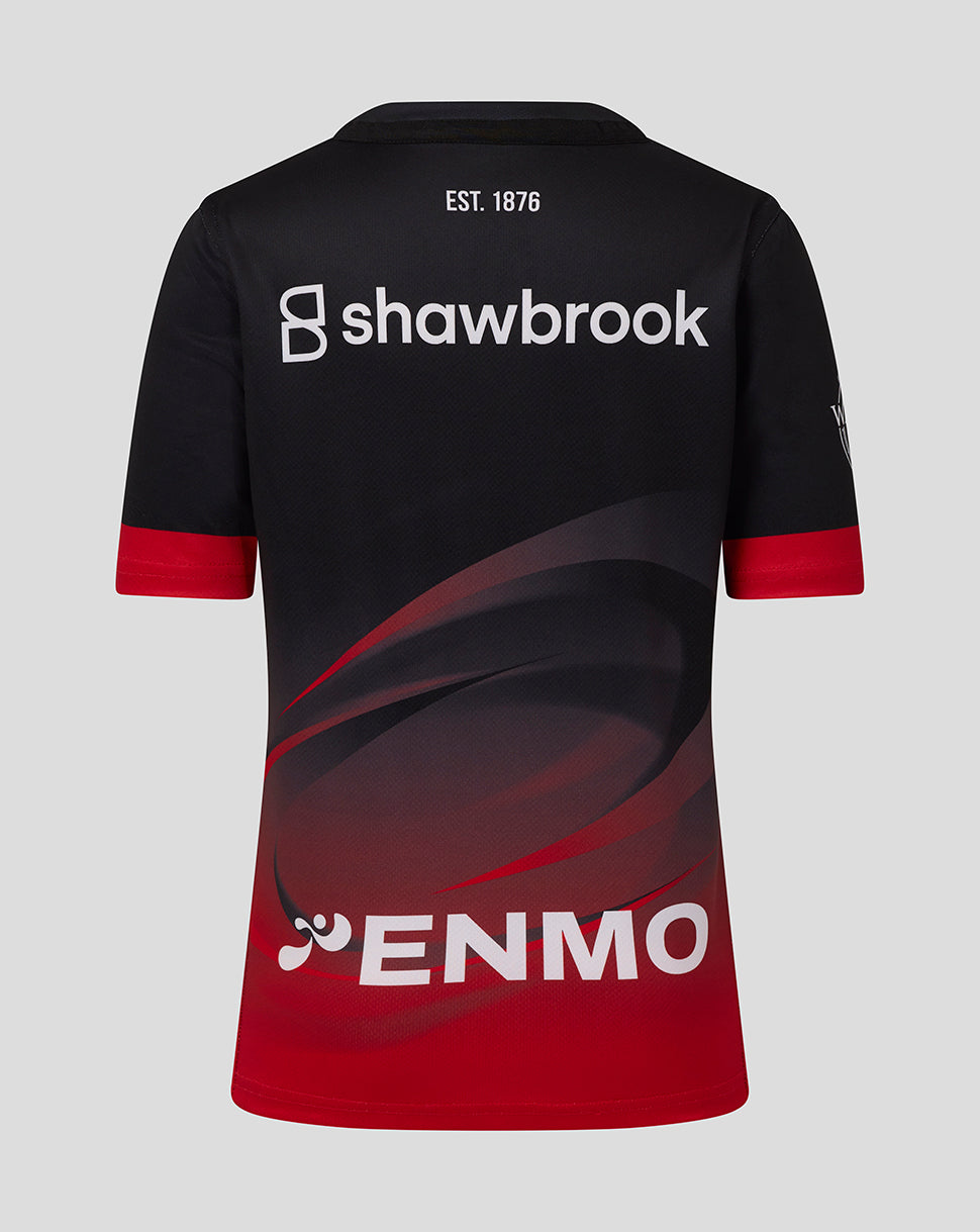 Back view of black Saracens Junior 25/26 Replica Home Shirt with shawbrook logo and ENMO graphic.