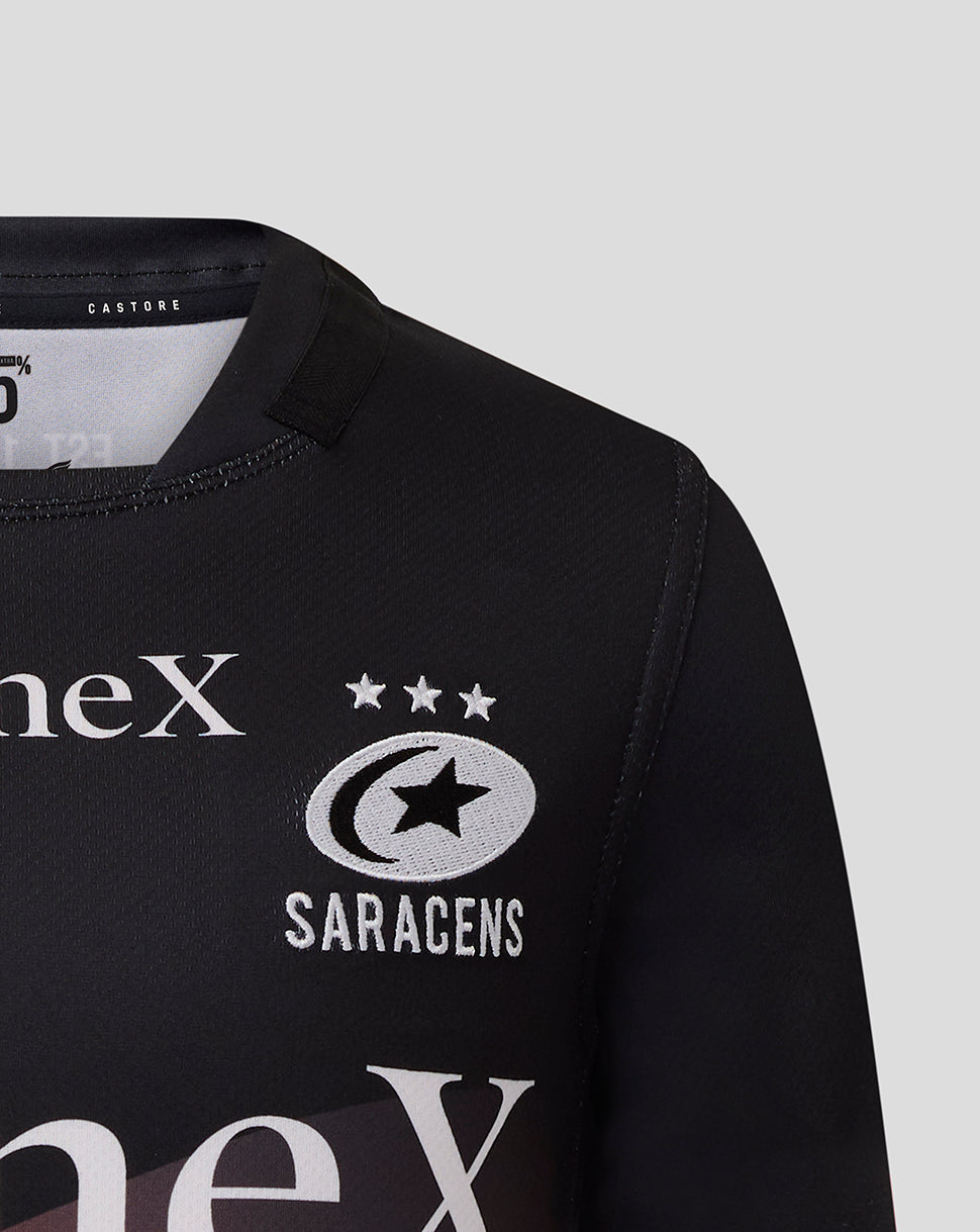 Front view of black Saracens Junior 25/26 Replica Home Shirt with crest and star emblem.