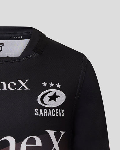 Front view of black Saracens Junior 25/26 Replica Home Shirt with crest and star emblem.