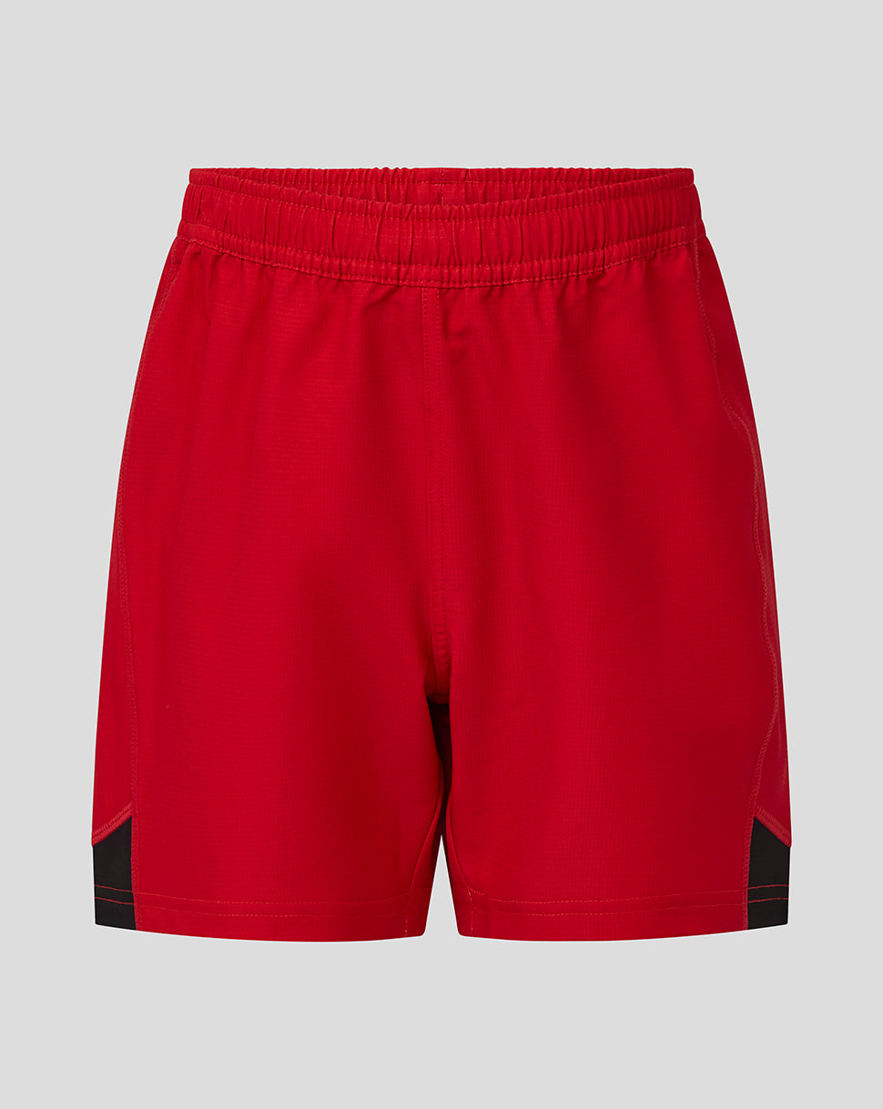 Red Saracens junior shorts with elastic waistband and black side panels