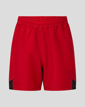 Red Saracens junior shorts with elastic waistband and black side panels