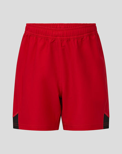 Red Saracens junior shorts with elastic waistband and black side panels