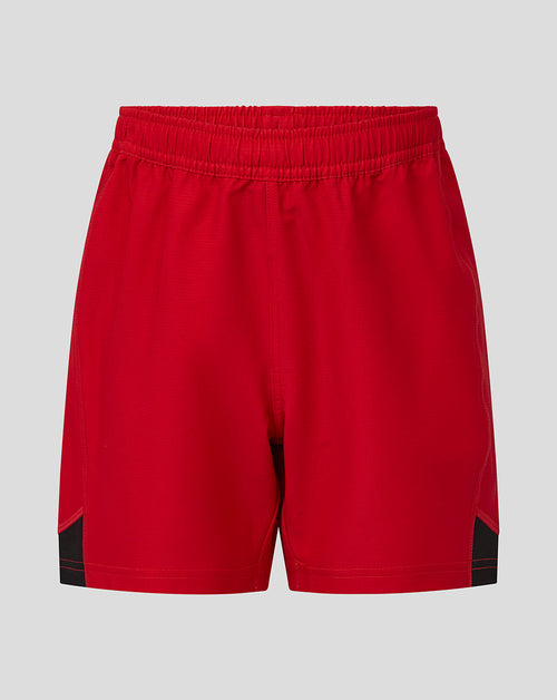 Red Saracens junior shorts with elastic waistband and black side panels