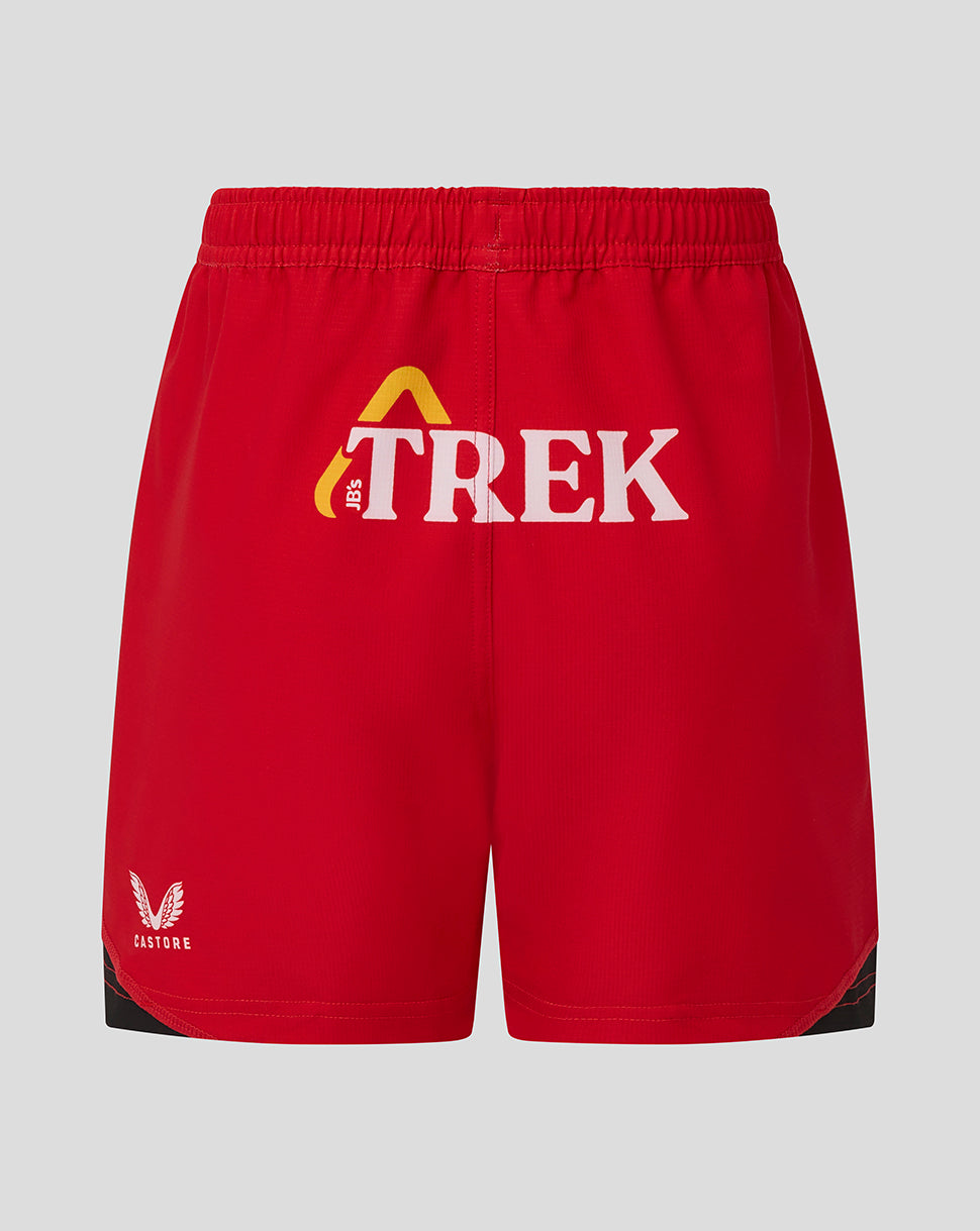 Red Saracens Junior 25/26 Replica Home Shorts with TREK logo on front and Castore emblem at the hem