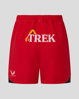 Red Saracens Junior 25/26 Replica Home Shorts with TREK logo on front and Castore emblem at the hem