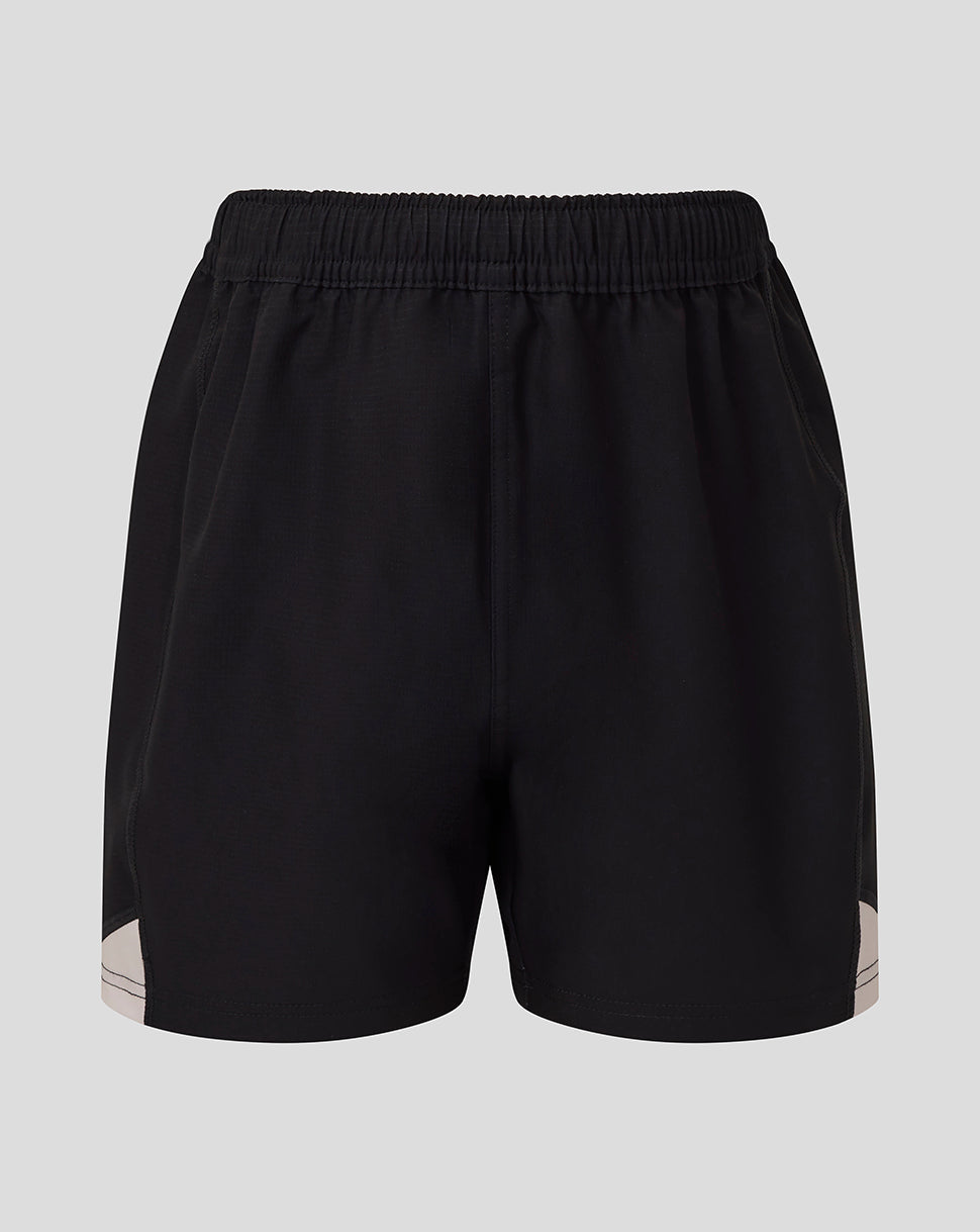 Front view of black replica away shorts with white side panels and an elastic waistband