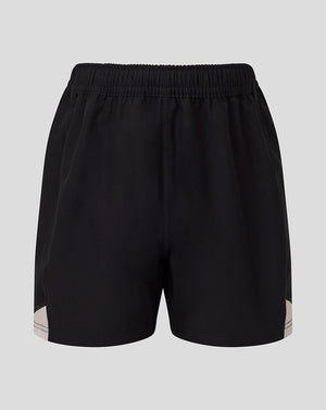 Front view of black replica away shorts with white side panels and an elastic waistband