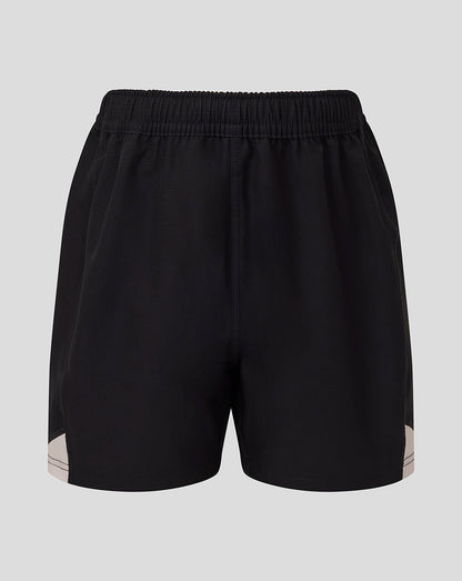 Front view of black replica away shorts with white side panels and an elastic waistband