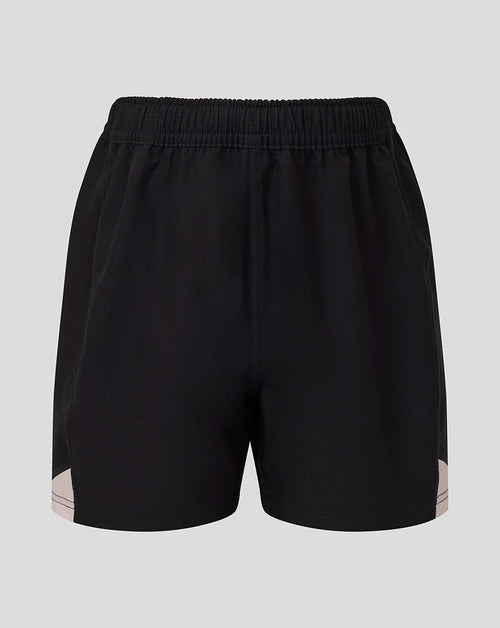 Front view of black replica away shorts with white side panels and an elastic waistband