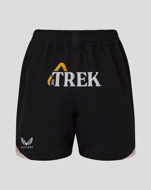 Saracens Junior 25/26 replica away shorts in black with Trek logo and an elastic waistband