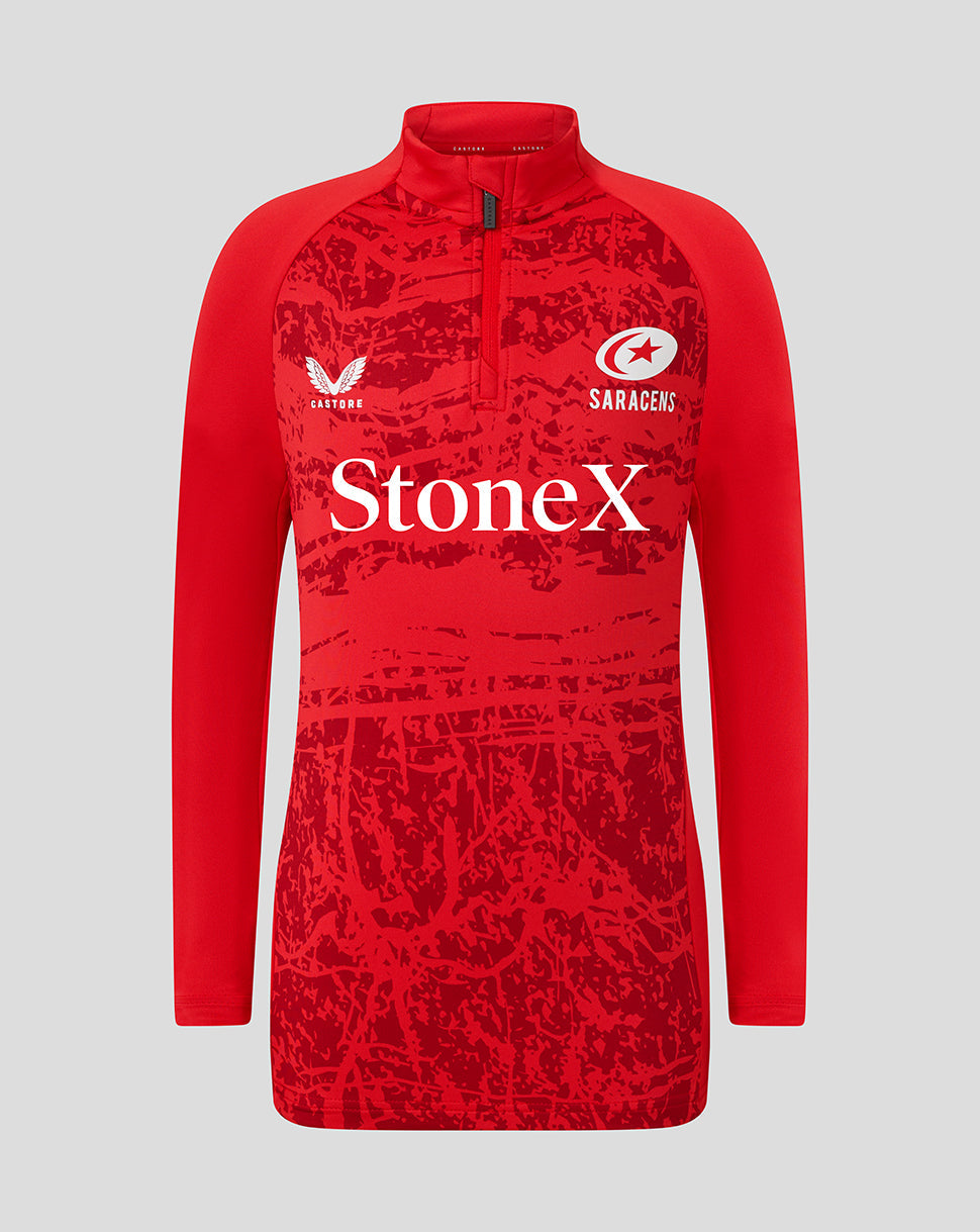 Front view of red Saracens 25/26 matchday midlayer top with abstract print, quarter zip and StoneX logo