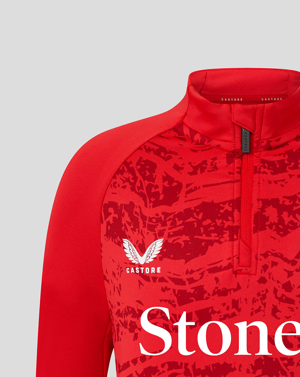 Close-up of red Saracens midlayer top collar showing zipper pull and branding over the abstract print