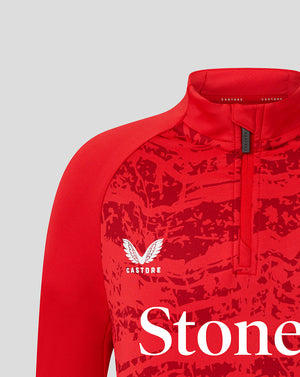 Close-up of red Saracens midlayer top collar showing zipper pull and branding over the abstract print