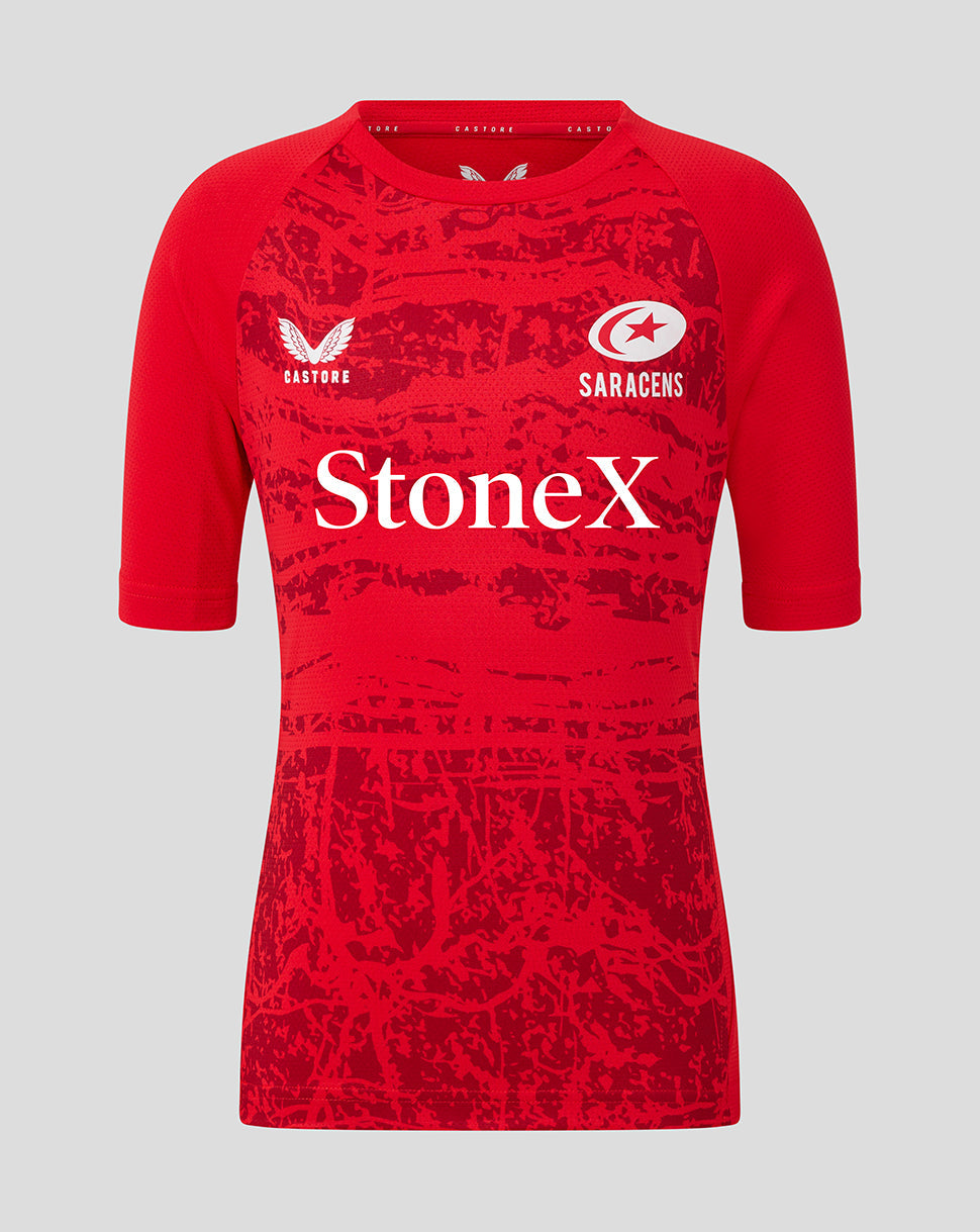 Front of red Saracens junior short sleeve tee featuring StoneX sponsor logo and club crest