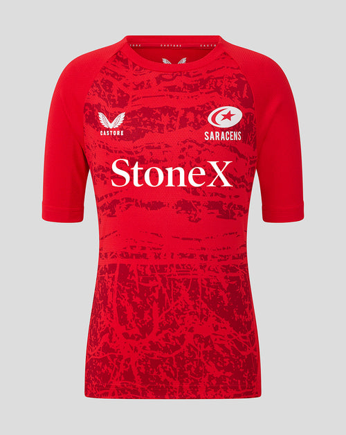 Front of red Saracens junior short sleeve tee featuring StoneX sponsor logo and club crest