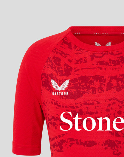 Red Saracens Junior short sleeve tee with large white StoneX lettering and the white Saracens crest on the chest