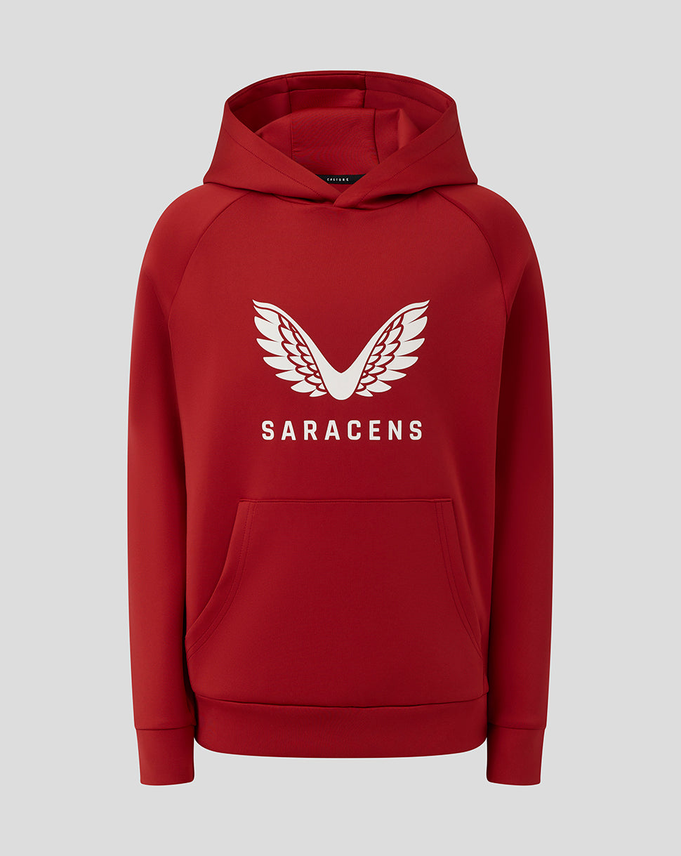 Red Saracens junior hoodie with large white wing logo and SARACENS text on the front